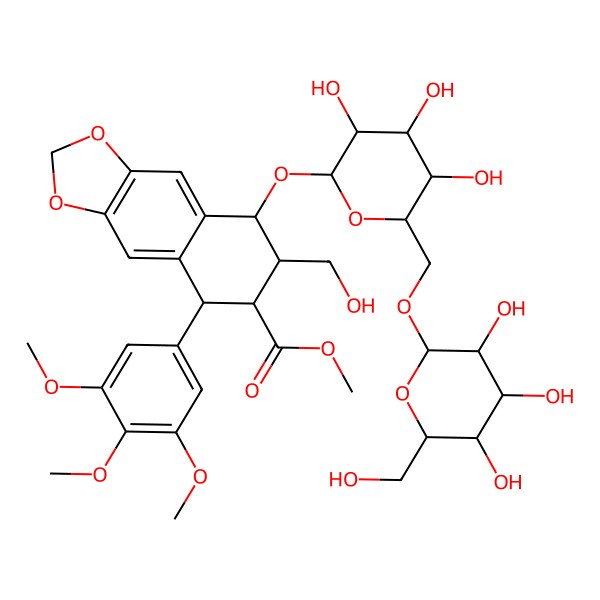 2D Structure of (5R)-5beta-(3,4,5-Trimethoxyphenyl)-7alpha-(hydroxymethyl)-8alpha-(6-O-beta-D-glucopyranosyl-beta-D-glucopyranosyloxy)-5,6,7,8-tetrahydronaphtho[2,3-d]-1,3-dioxole-6beta-carboxylic acid methyl ester