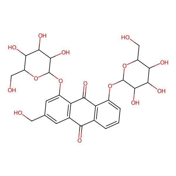 2D Structure of 3-(hydroxymethyl)-1,8-bis[[(2S,3R,4S,5S,6R)-3,4,5-trihydroxy-6-(hydroxymethyl)oxan-2-yl]oxy]anthracene-9,10-dione