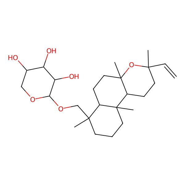 2D Structure of (2R,3R,4S,5S)-2-[[(3R,4aR,6aR,7R,10aS,10bR)-3-ethenyl-3,4a,7,10a-tetramethyl-2,5,6,6a,8,9,10,10b-octahydro-1H-benzo[f]chromen-7-yl]methoxy]oxane-3,4,5-triol