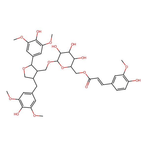 2D Structure of (2S)-2alpha-(3,5-Dimethoxy-4-hydroxyphenyl)-3beta-[6-O-[(E)-3-(3-methoxy-4-hydroxyphenyl)acryloyl]-beta-D-glucopyranosyloxymethyl]-4beta-(3,5-dimethoxy-4-hydroxybenzyl)tetrahydrofuran