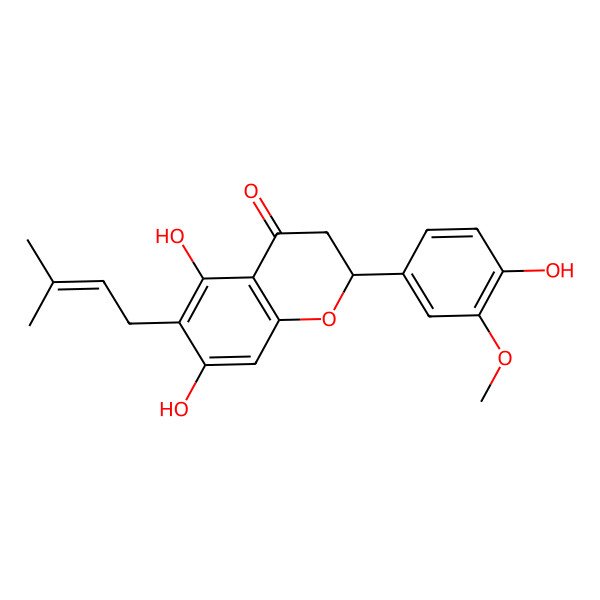 2D Structure of (2S)-2,3-Dihydro-5,7-dihydroxy-2-(4-hydroxy-3-methoxyphenyl)-6-(3-methyl-2-buten-1-yl)-4H-1-benzopyran-4-one