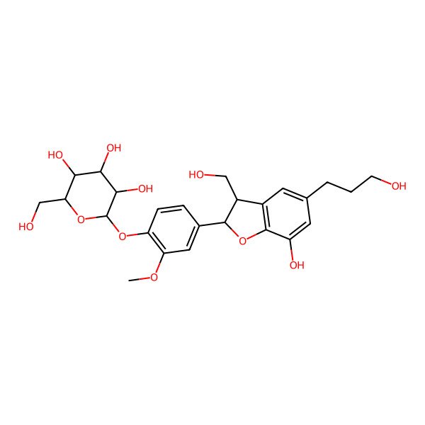 2D Structure of (2R)-2beta-[3-Methoxy-4-(beta-D-glucopyranosyloxy)phenyl]-5-(3-hydroxypropyl)-7-hydroxy-2,3-dihydrobenzofuran-3alpha-methanol