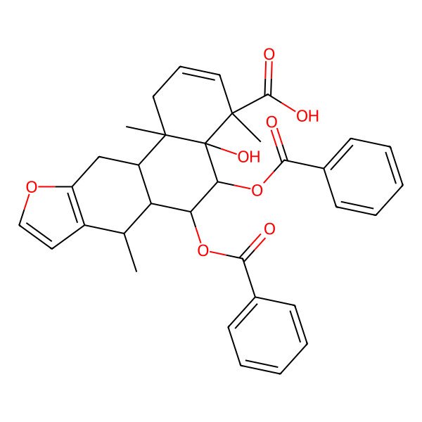 2D Structure of (4S,4aS,5R,6R,6aS,7R,11aS,11bR)-5,6-dibenzoyloxy-4a-hydroxy-4,7,11b-trimethyl-5,6,6a,7,11,11a-hexahydro-1H-naphtho[2,1-f][1]benzofuran-4-carboxylic acid