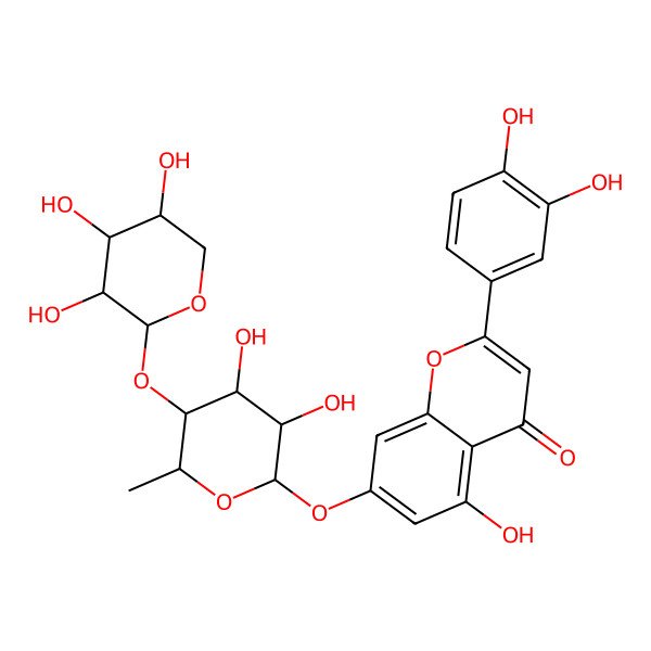 2D Structure of 7-[(2S,3R,4S,5R,6S)-3,4-dihydroxy-6-methyl-5-[(2R,3R,4S,5R)-3,4,5-trihydroxyoxan-2-yl]oxyoxan-2-yl]oxy-2-(3,4-dihydroxyphenyl)-5-hydroxychromen-4-one