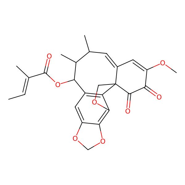 2D Structure of [(1S,13R,14R,15E)-18-Methoxy-13,14-dimethyl-19,20-dioxo-3,6,8-trioxapentacyclo[9.9.1.01,16.04,21.05,9]henicosa-4(21),5(9),10,15,17-pentaen-12-yl] (Z)-2-methylbut-2-enoate
