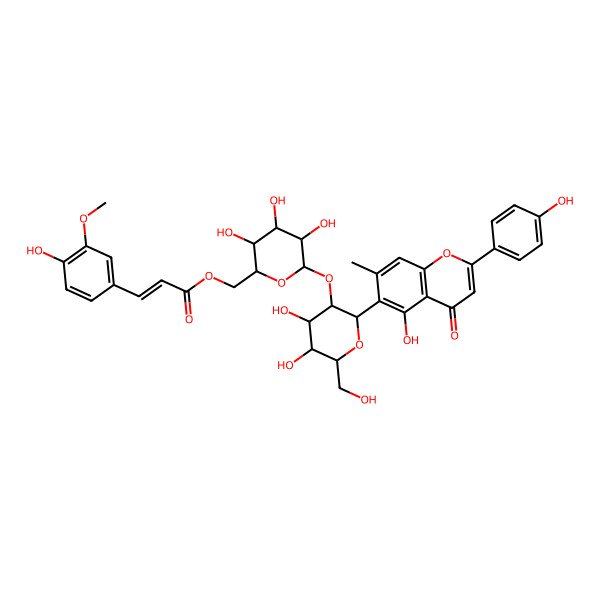 2D Structure of [(2R,3S,4S,5R,6S)-6-[(2S,3R,4S,5S,6R)-4,5-dihydroxy-2-[5-hydroxy-2-(4-hydroxyphenyl)-7-methyl-4-oxochromen-6-yl]-6-(hydroxymethyl)oxan-3-yl]oxy-3,4,5-trihydroxyoxan-2-yl]methyl (E)-3-(4-hydroxy-3-methoxyphenyl)prop-2-enoate