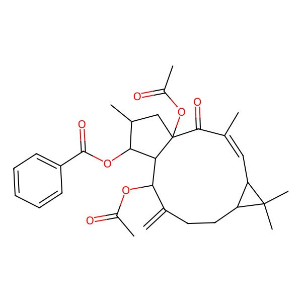 2D Structure of [(1R,3Z,5R,7R,11R,12R,13S,14S)-1,11-diacetyloxy-3,6,6,14-tetramethyl-10-methylidene-2-oxo-13-tricyclo[10.3.0.05,7]pentadec-3-enyl] benzoate