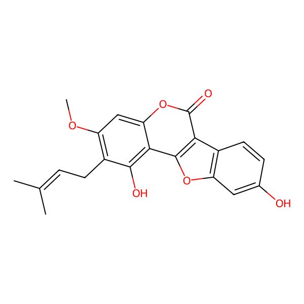 2D Structure of 1,9-Dihydroxy-3-methoxy-2-(3-methylbut-2-enyl)-[1]benzofuro[3,2-c]chromen-6-one
