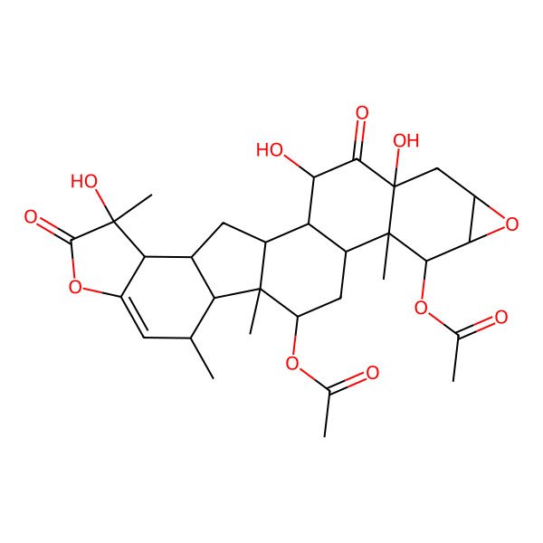 2D Structure of (10-Acetyloxy-3,5,22-trihydroxy-11,15,17,22-tetramethyl-4,21-dioxo-8,20-dioxaheptacyclo[13.10.0.02,12.05,11.07,9.016,24.019,23]pentacos-18-en-14-yl) acetate