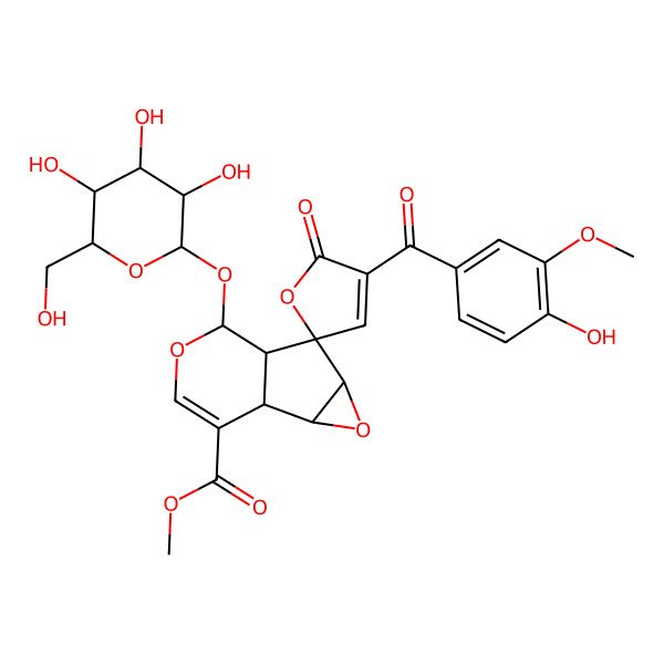2D Structure of methyl (1R,2S,4S,5S,6S,7S)-4'-(4-hydroxy-3-methoxybenzoyl)-5'-oxo-7-[(2S,3R,4R,5S,6S)-3,4,5-trihydroxy-6-(hydroxymethyl)oxan-2-yl]oxyspiro[3,8-dioxatricyclo[4.4.0.02,4]dec-9-ene-5,2'-furan]-10-carboxylate