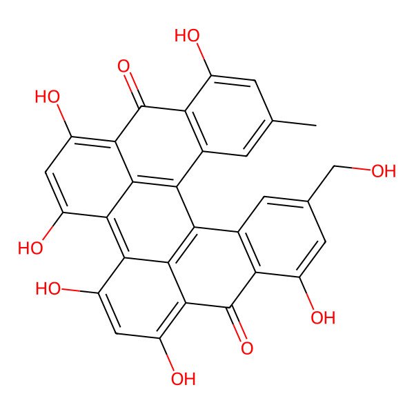 2D Structure of 7,11,13,16,18,22-hexahydroxy-5-(hydroxymethyl)-24-methylheptacyclo[13.11.1.12,10.03,8.019,27.021,26.014,28]octacosa-1,3(8),4,6,10,12,14(28),15(27),16,18,21(26),22,24-tridecaene-9,20-dione