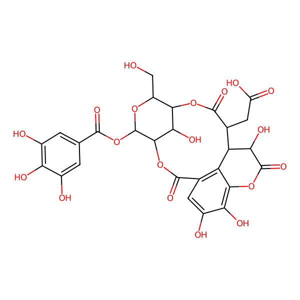 2D Structure of 2-[(4R,5S,7R,8R,11S,12S,13S,21S)-13,17,18,21-tetrahydroxy-7-(hydroxymethyl)-2,10,14-trioxo-5-(3,4,5-trihydroxybenzoyl)oxy-3,6,9,15-tetraoxatetracyclo[10.7.1.14,8.016,20]henicosa-1(19),16(20),17-trien-11-yl]acetic acid