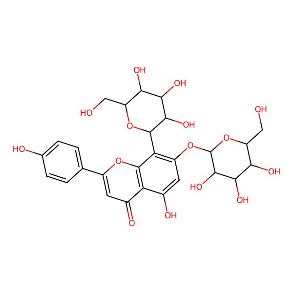 2D Structure of 5-hydroxy-2-(4-hydroxyphenyl)-8-[(2R,3S,4R,5S,6S)-3,4,5-trihydroxy-6-(hydroxymethyl)oxan-2-yl]-7-[(2S,3R,4S,5S,6R)-3,4,5-trihydroxy-6-(hydroxymethyl)oxan-2-yl]oxychromen-4-one