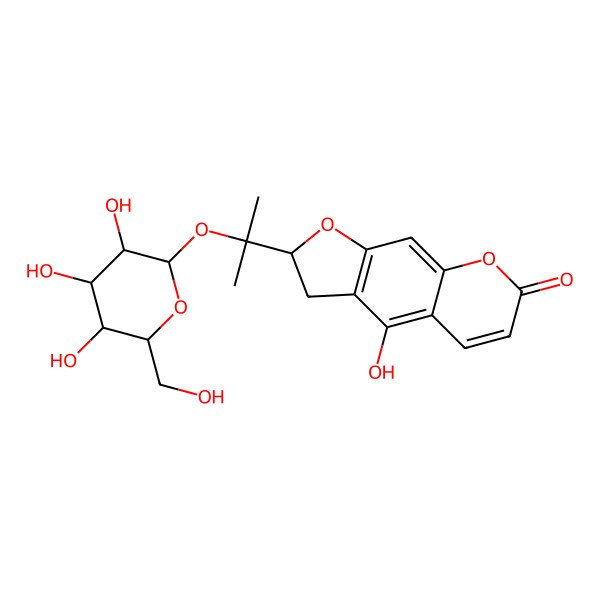 2D Structure of 7H-Furo(3,2-g)(1)benzopyran-7-one, 2-(1-(beta-D-glucopyranosyloxy)-1-methylethyl)-2,3-dihydro-4-hydroxy-