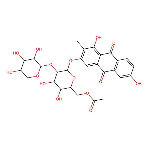 2D Structure of 1,3,6-trihydroxy-2-methyl-9,10-anthraquinone-3-O-(6'-O-acetyl)-beta-D-xylopyranosyl-(1->2)-beta-D-glucopyranoside