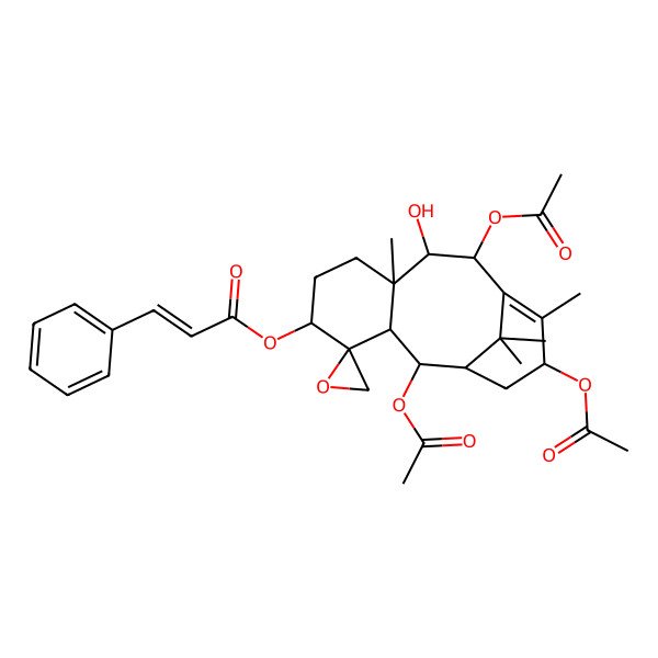 2D Structure of [(1'R,2S,2'R,3'R,5'S,8'R,9'R,10'R,13'S)-2',10',13'-triacetyloxy-9'-hydroxy-8',12',15',15'-tetramethylspiro[oxirane-2,4'-tricyclo[9.3.1.03,8]pentadec-11-ene]-5'-yl] (E)-3-phenylprop-2-enoate