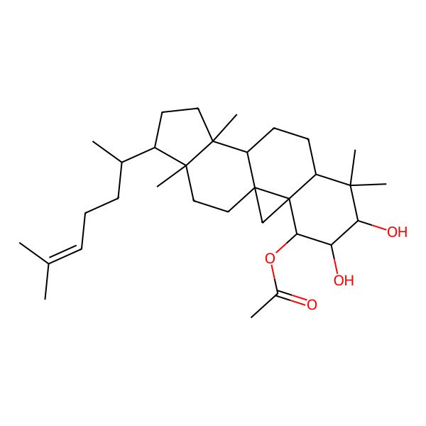 2D Structure of [(1S,3S,4R,5S,6R,8S,11S,12S,15R,16R)-5,6-dihydroxy-7,7,12,16-tetramethyl-15-[(2R)-6-methylhept-5-en-2-yl]-4-pentacyclo[9.7.0.01,3.03,8.012,16]octadecanyl] acetate