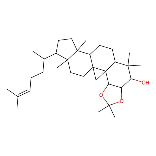 2D Structure of (1S,3S,4R,8S,9R,11S,14S,15S,18R,19R)-6,6,10,10,15,19-hexamethyl-18-[(2R)-6-methylhept-5-en-2-yl]-5,7-dioxahexacyclo[12.7.0.01,3.03,11.04,8.015,19]henicosan-9-ol
