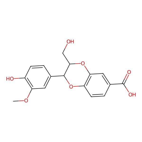 2D Structure of (2R,3R)-2-(4-hydroxy-3-methoxyphenyl)-3-(hydroxymethyl)-2,3-dihydro-1,4-benzodioxine-6-carboxylic acid