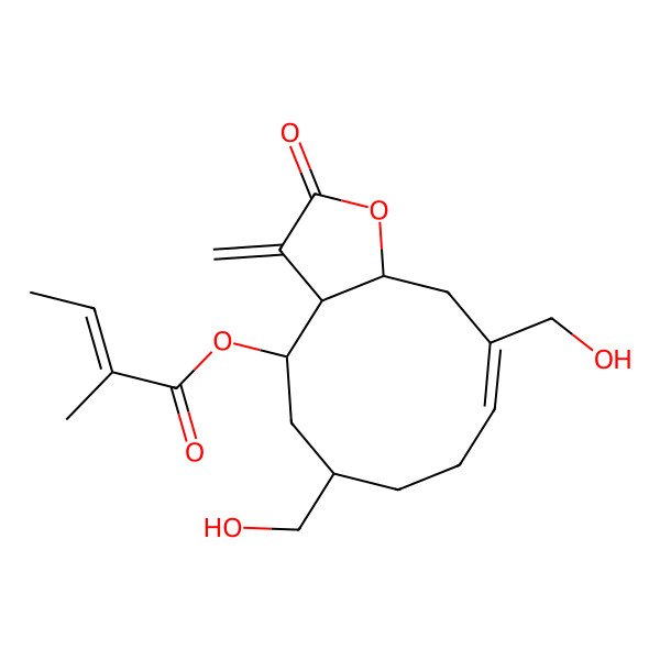 2D Structure of [(3aR,4R,6R,9E,11aR)-6,10-bis(hydroxymethyl)-3-methylidene-2-oxo-3a,4,5,6,7,8,11,11a-octahydrocyclodeca[b]furan-4-yl] (Z)-2-methylbut-2-enoate