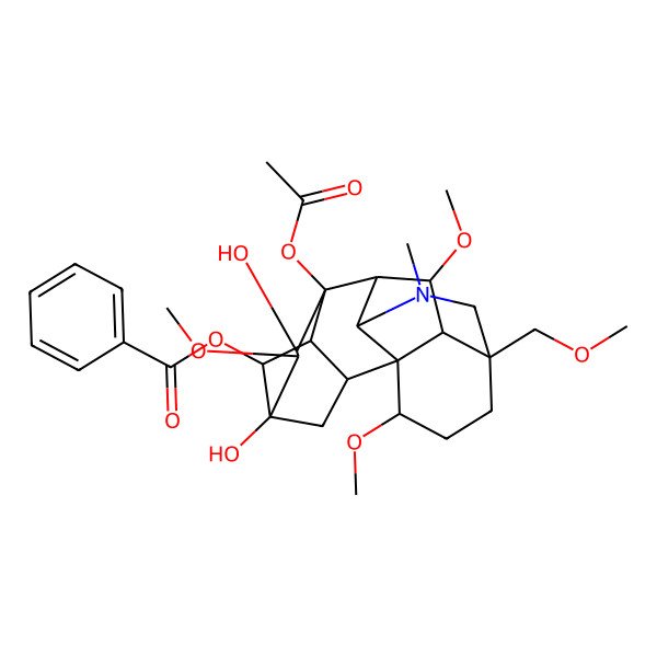 2D Structure of [(2R,3R,4R,5R,6S,7S,8R,13S,16S,17R,18R)-8-acetyloxy-5,7-dihydroxy-6,16,18-trimethoxy-13-(methoxymethyl)-11-methyl-11-azahexacyclo[7.7.2.12,5.01,10.03,8.013,17]nonadecan-4-yl] benzoate