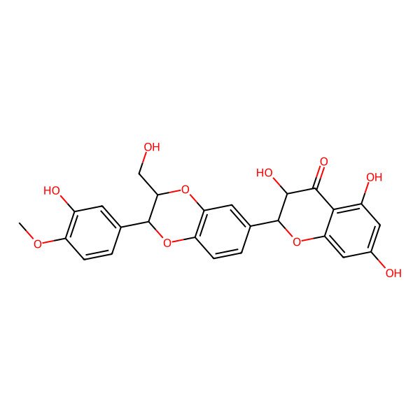 2D Structure of (2R,3R)-3,5,7-trihydroxy-2-[(2S,3S)-2-(3-hydroxy-4-methoxy-phenyl)-3-(hydroxymethyl)-2,3-dihydro-1,4-benzodioxin-6-yl]chroman-4-one