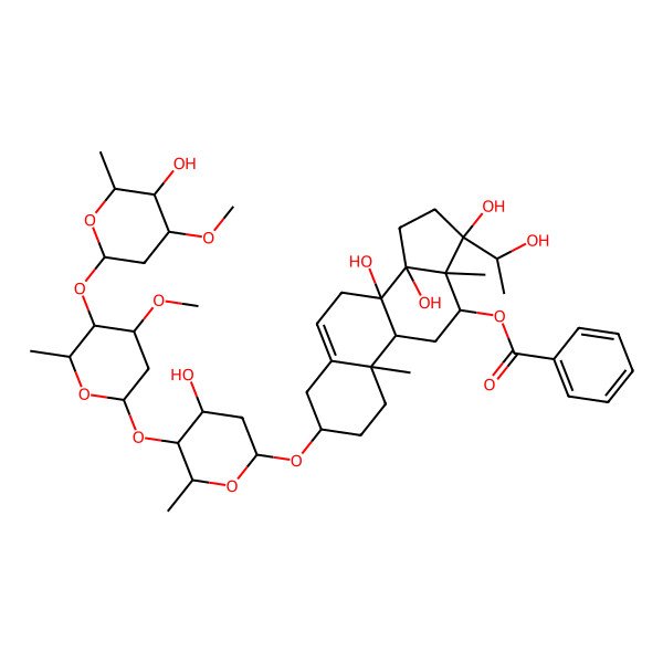 2D Structure of [(3S,8S,9R,10R,12R,13R,14R,17S)-8,14,17-trihydroxy-17-[(1S)-1-hydroxyethyl]-3-[(2R,4S,5S,6R)-4-hydroxy-5-[(2S,4R,5R,6R)-5-[(2S,4R,5R,6R)-5-hydroxy-4-methoxy-6-methyloxan-2-yl]oxy-4-methoxy-6-methyloxan-2-yl]oxy-6-methyloxan-2-yl]oxy-10,13-dimethyl-1,2,3,4,7,9,11,12,15,16-decahydrocyclopenta[a]phenanthren-12-yl] benzoate