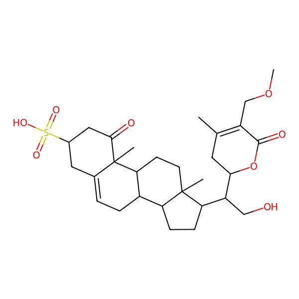 2D Structure of (10R,13S)-17-[2-hydroxy-1-[5-(methoxymethyl)-4-methyl-6-oxo-2,3-dihydropyran-2-yl]ethyl]-10,13-dimethyl-1-oxo-2,3,4,7,8,9,11,12,14,15,16,17-dodecahydrocyclopenta[a]phenanthrene-3-sulfonic acid