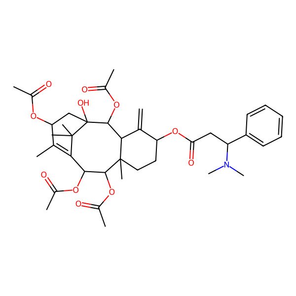 2D Structure of [(1S,2S,3R,5S,8R,9R,10R,13S)-2,9,10,13-tetraacetyloxy-1-hydroxy-8,12,15,15-tetramethyl-4-methylidene-5-tricyclo[9.3.1.03,8]pentadec-11-enyl] (3R)-3-(dimethylamino)-3-phenylpropanoate