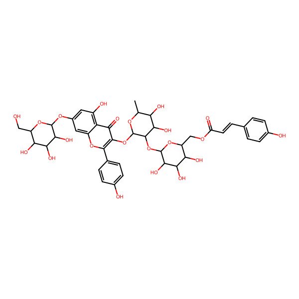 2D Structure of kaempferol 3-O-alpha-L-[6'''-p-coumaroyl-beta-D-glucopyranosyl-(1->2)-rhamnopyranoside]-7-O-beta-D-glucopyranoside