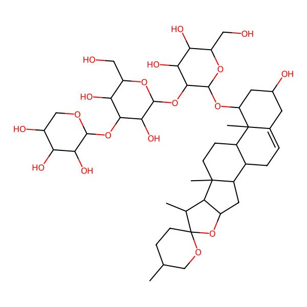 2D Structure of (2R,3R,4S,5R)-2-[(2S,3R,4S,5R,6R)-2-[(2R,3R,4S,5S,6R)-4,5-dihydroxy-6-(hydroxymethyl)-2-[(5'S,7S,9S,13R,14R,16R)-16-hydroxy-5',7,9,13-tetramethylspiro[5-oxapentacyclo[10.8.0.02,9.04,8.013,18]icos-18-ene-6,2'-oxane]-14-yl]oxyoxan-3-yl]oxy-3,5-dihydroxy-6-(hydroxymethyl)oxan-4-yl]oxyoxane-3,4,5-triol