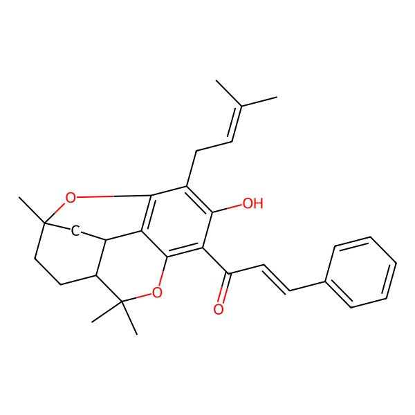 2D Structure of (E)-1-[(1R,4S,13R)-9-hydroxy-1,5,5-trimethyl-10-(3-methylbut-2-enyl)-6,15-dioxatetracyclo[9.3.1.04,13.07,12]pentadeca-7,9,11-trien-8-yl]-3-phenylprop-2-en-1-one