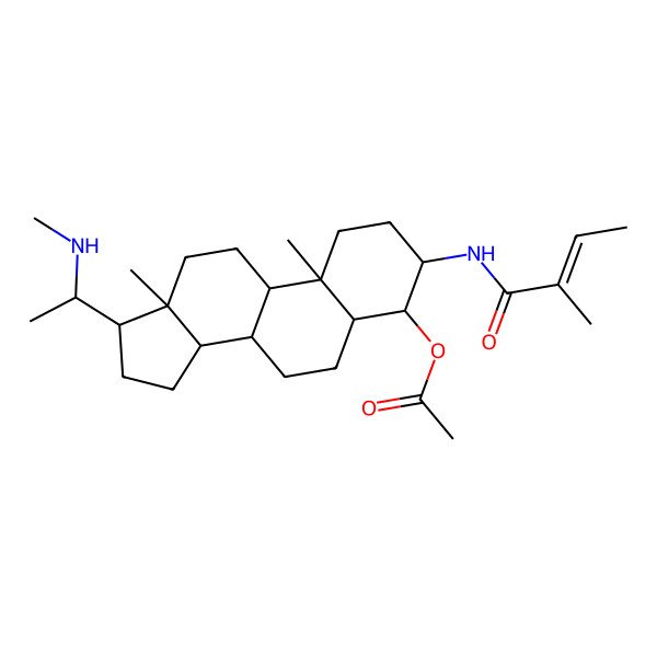 2D Structure of [(3S,4R,5R,8S,9S,10R,13S,14S,17S)-10,13-dimethyl-17-[(1S)-1-(methylamino)ethyl]-3-[[(E)-2-methylbut-2-enoyl]amino]-2,3,4,5,6,7,8,9,11,12,14,15,16,17-tetradecahydro-1H-cyclopenta[a]phenanthren-4-yl] acetate