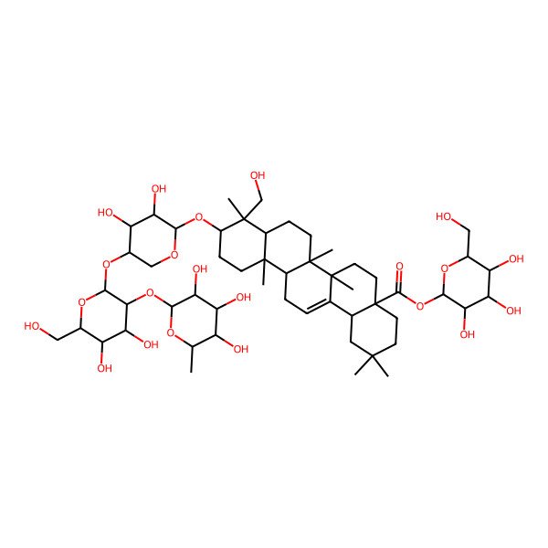 2D Structure of [(2S,3R,4S,5S,6R)-3,4,5-trihydroxy-6-(hydroxymethyl)oxan-2-yl] 10-[(2S,3R,4R,5S)-5-[(2S,3R,4S,5S,6R)-4,5-dihydroxy-6-(hydroxymethyl)-3-[(2S,3R,4R,5S,6S)-3,4,5-trihydroxy-6-methyloxan-2-yl]oxyoxan-2-yl]oxy-3,4-dihydroxyoxan-2-yl]oxy-9-(hydroxymethyl)-2,2,6a,6b,9,12a-hexamethyl-1,3,4,5,6,6a,7,8,8a,10,11,12,13,14b-tetradecahydropicene-4a-carboxylate