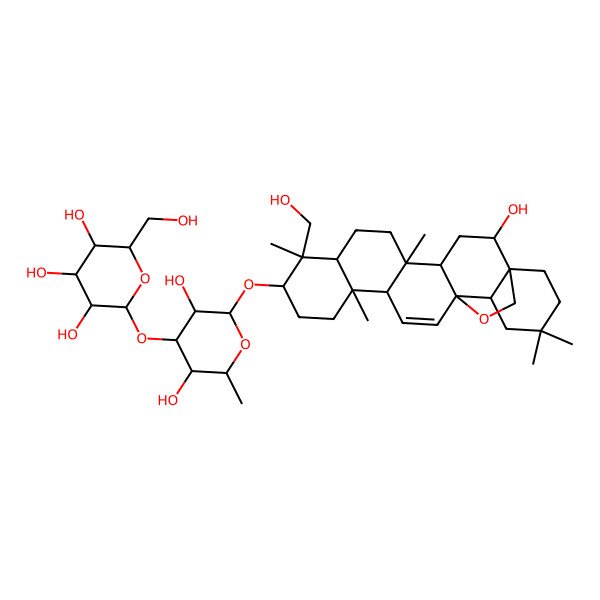 2D Structure of 2-[3,5-dihydroxy-2-[[2-hydroxy-9-(hydroxymethyl)-5,9,13,20,20-pentamethyl-24-oxahexacyclo[15.5.2.01,18.04,17.05,14.08,13]tetracos-15-en-10-yl]oxy]-6-methyloxan-4-yl]oxy-6-(hydroxymethyl)oxane-3,4,5-triol