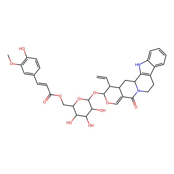 2D Structure of [(2S,3S,4R,5R)-6-[[(1R,19R,20S)-19-ethenyl-14-oxo-17-oxa-3,13-diazapentacyclo[11.8.0.02,10.04,9.015,20]henicosa-2(10),4,6,8,15-pentaen-18-yl]oxy]-3,4,5-trihydroxyoxan-2-yl]methyl (E)-3-(4-hydroxy-3-methoxyphenyl)prop-2-enoate