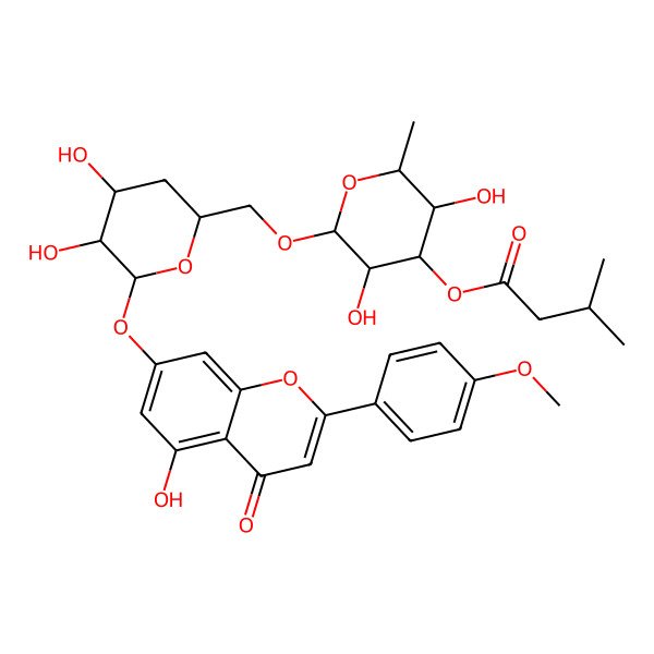 2D Structure of [(2R,3R,4R,5S,6S)-2-[[(2S,4S,5R,6S)-4,5-dihydroxy-6-[5-hydroxy-2-(4-methoxyphenyl)-4-oxochromen-7-yl]oxyoxan-2-yl]methoxy]-3,5-dihydroxy-6-methyloxan-4-yl] 3-methylbutanoate