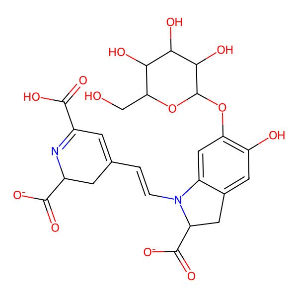 2D Structure of (2S)-1-[(E)-2-[(2S)-6-carboxy-2-carboxylato-2,3-dihydropyridin-4-yl]ethenyl]-5-hydroxy-6-[(3R,4S,5S,6R)-3,4,5-trihydroxy-6-(hydroxymethyl)oxan-2-yl]oxy-2,3-dihydroindole-2-carboxylate