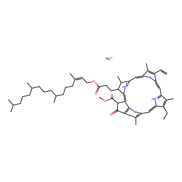2D Structure of magnesium methyl 16-ethenyl-11-ethyl-12,17,21,26-tetramethyl-4-oxo-22-[3-oxo-3-[(Z)-3,7,11,15-tetramethylhexadec-2-enoxy]propyl]-23,25-diazonia-7,24-diazanidahexacyclo[18.2.1.15,8.110,13.115,18.02,6]hexacosa-1,5,8(26),9,11,13(25),14,16,18,20(23)-decaene-3-carboxylate