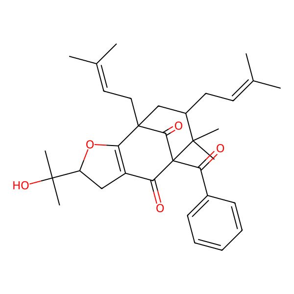 2D Structure of (1S,4S,8S,10R)-8-benzoyl-4-(2-hydroxypropan-2-yl)-9,9-dimethyl-1,10-bis(3-methylbut-2-enyl)-3-oxatricyclo[6.3.1.02,6]dodec-2(6)-ene-7,12-dione