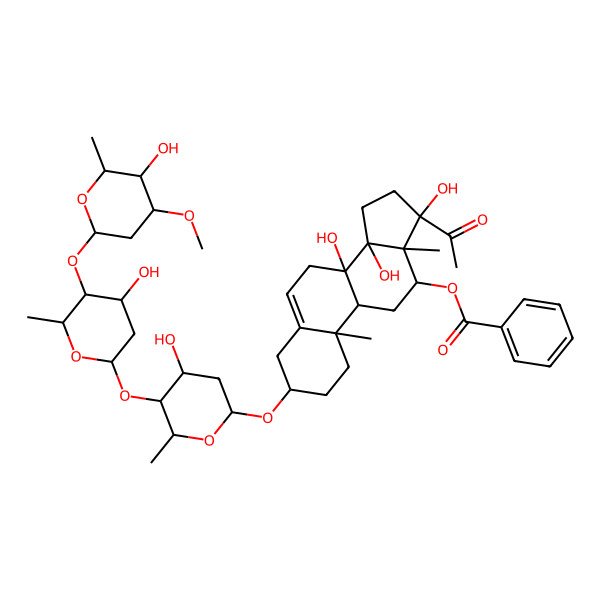 2D Structure of [(3S,8S,9R,10R,12R,13S,14R,17S)-17-acetyl-8,14,17-trihydroxy-3-[(2R,4S,5S,6R)-4-hydroxy-5-[(2S,4S,5S,6R)-4-hydroxy-5-[(2S,4R,5R,6R)-5-hydroxy-4-methoxy-6-methyloxan-2-yl]oxy-6-methyloxan-2-yl]oxy-6-methyloxan-2-yl]oxy-10,13-dimethyl-1,2,3,4,7,9,11,12,15,16-decahydrocyclopenta[a]phenanthren-12-yl] benzoate