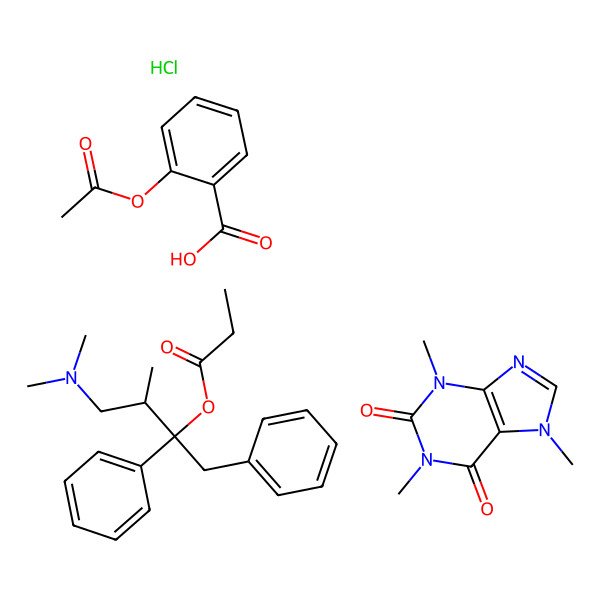 2D Structure of 2-acetyloxybenzoic acid;[(2R,3R)-4-(dimethylamino)-3-methyl-1,2-diphenylbutan-2-yl] propanoate;1,3,7-trimethylpurine-2,6-dione;hydrochloride