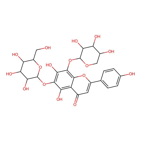 2D Structure of 5,7-dihydroxy-2-(4-hydroxyphenyl)-6-[(2S,3R,4S,5S,6R)-3,4,5-trihydroxy-6-(hydroxymethyl)oxan-2-yl]oxy-8-[(2S,3S,4R,5R)-3,4,5-trihydroxyoxan-2-yl]oxychromen-4-one