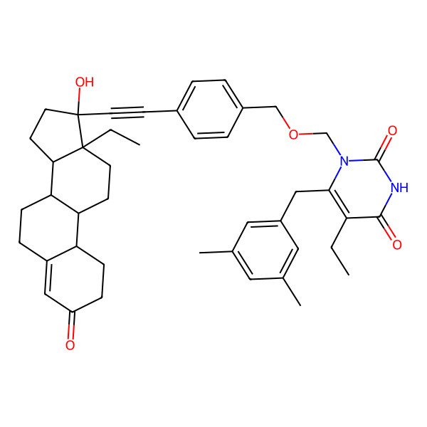 2D Structure of 6-[(3,5-Dimethylphenyl)methyl]-5-ethyl-1-[[4-[2-(13-ethyl-17-hydroxy-3-oxo-1,2,6,7,8,9,10,11,12,14,15,16-dodecahydrocyclopenta[a]phenanthren-17-yl)ethynyl]phenyl]methoxymethyl]pyrimidine-2,4-dione