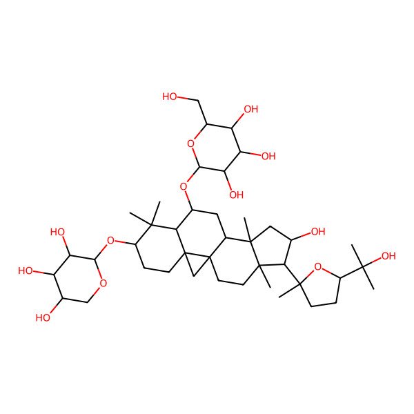 2D Structure of 2-[[(1S,3R,6S,8R,9S,11S,12S,14S,15R,16R)-14-hydroxy-15-[(2S,5R)-5-(2-hydroxypropan-2-yl)-2-methyloxolan-2-yl]-7,7,12,16-tetramethyl-6-(3,4,5-trihydroxyoxan-2-yl)oxy-9-pentacyclo[9.7.0.01,3.03,8.012,16]octadecanyl]oxy]-6-(hydroxymethyl)oxane-3,4,5-triol