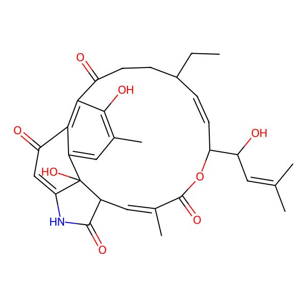 2D Structure of (9R,10E,12S,15Z,17S,24R)-9-ethyl-4,24-dihydroxy-12-[(1S)-1-hydroxy-3-methylbut-2-enyl]-3,15-dimethyl-13-oxa-19-azatetracyclo[15.6.1.05,23.020,24]tetracosa-1(23),2,4,10,15,20-hexaene-6,14,18,22-tetrone