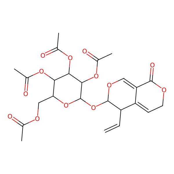 2D Structure of (5R-trans)-5,6-Dihydro-6-((2,3,4,6-tetra-O-acetyl-beta-D-glucopyranosyl)oxy)-5-vinyl-1H,3H-pyrano(3,4-c)pyran-1-one