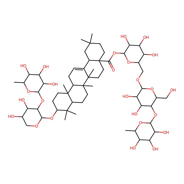 2D Structure of [(2S,3R,4S,5S,6R)-6-[[(2R,3R,4R,5S,6R)-3,4-dihydroxy-6-(hydroxymethyl)-5-[(2S,3R,4R,5R,6S)-3,4,5-trihydroxy-6-methyloxan-2-yl]oxyoxan-2-yl]oxymethyl]-3,4,5-trihydroxyoxan-2-yl] (4aS,6aR,6aS,6bR,10S,12aR,14bR)-10-[(2S,3R,4S,5S)-4,5-dihydroxy-3-[(2S,3R,4S,5S,6R)-3,4,5-trihydroxy-6-methyloxan-2-yl]oxyoxan-2-yl]oxy-2,2,6a,6b,9,9,12a-heptamethyl-1,3,4,5,6,6a,7,8,8a,10,11,12,13,14b-tetradecahydropicene-4a-carboxylate