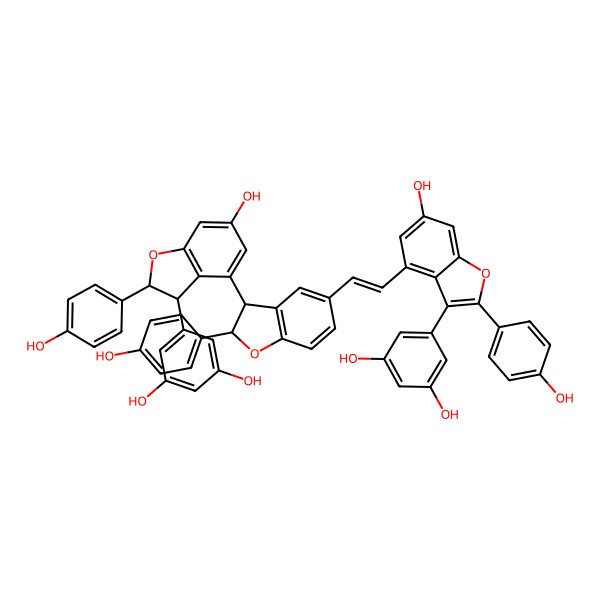 2D Structure of 5-[(2S,3S)-4-[(2R,3R)-5-[(E)-2-[3-(3,5-dihydroxyphenyl)-6-hydroxy-2-(4-hydroxyphenyl)-1-benzofuran-4-yl]ethenyl]-2-(4-hydroxyphenyl)-2,3-dihydro-1-benzofuran-3-yl]-6-hydroxy-2-(4-hydroxyphenyl)-2,3-dihydro-1-benzofuran-3-yl]benzene-1,3-diol