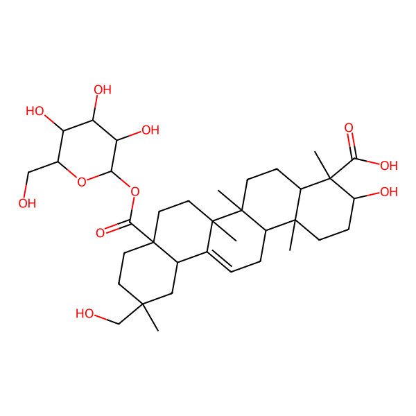 2D Structure of 3-hydroxy-11-(hydroxymethyl)-4,6a,6b,11,14b-pentamethyl-8a-[(2S,3R,4S,5S,6R)-3,4,5-trihydroxy-6-(hydroxymethyl)oxan-2-yl]oxycarbonyl-1,2,3,4a,5,6,7,8,9,10,12,12a,14,14a-tetradecahydropicene-4-carboxylic acid
